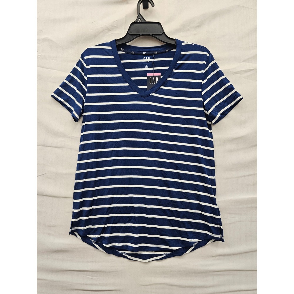 Gap Womens Striped V-Neck T-Shirt Navy Rayon Blend Casual Size Small